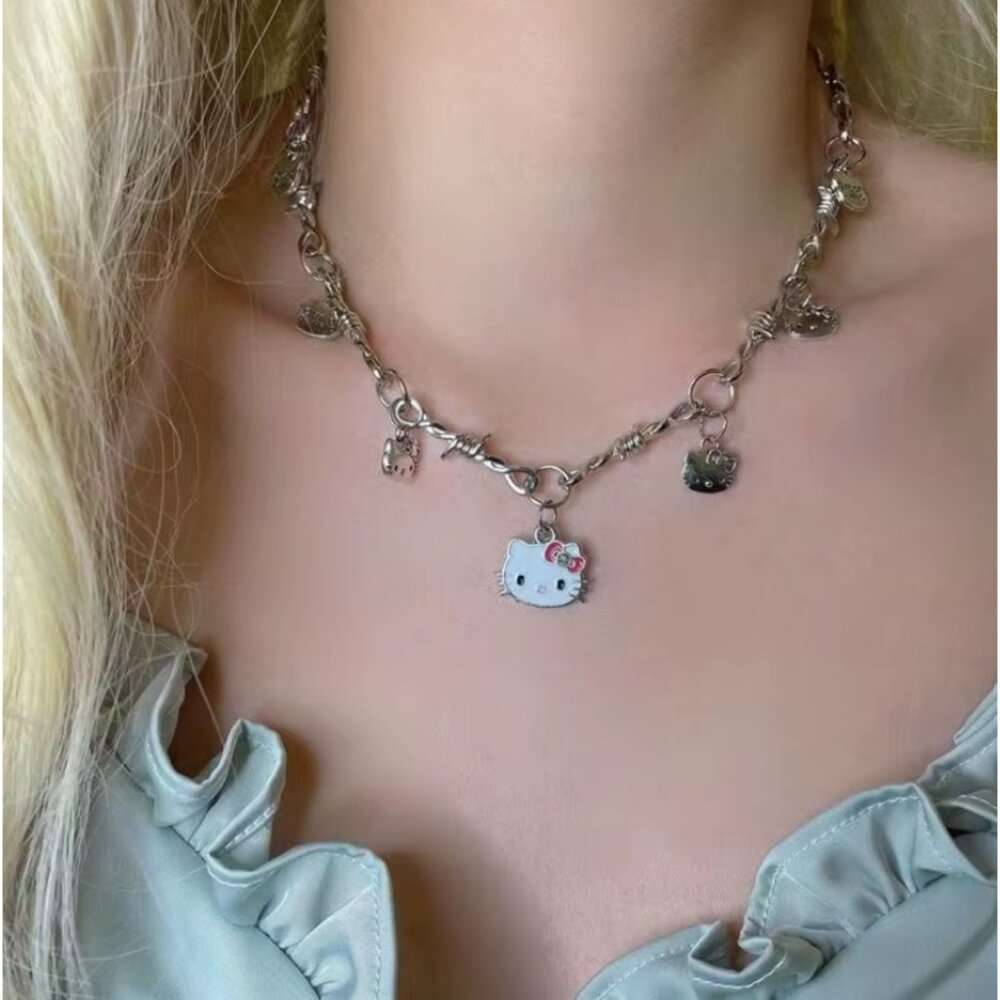 Hello Kitty Charm Necklace – Silver Barbed Wire Chain with Dangling Kitty Charms